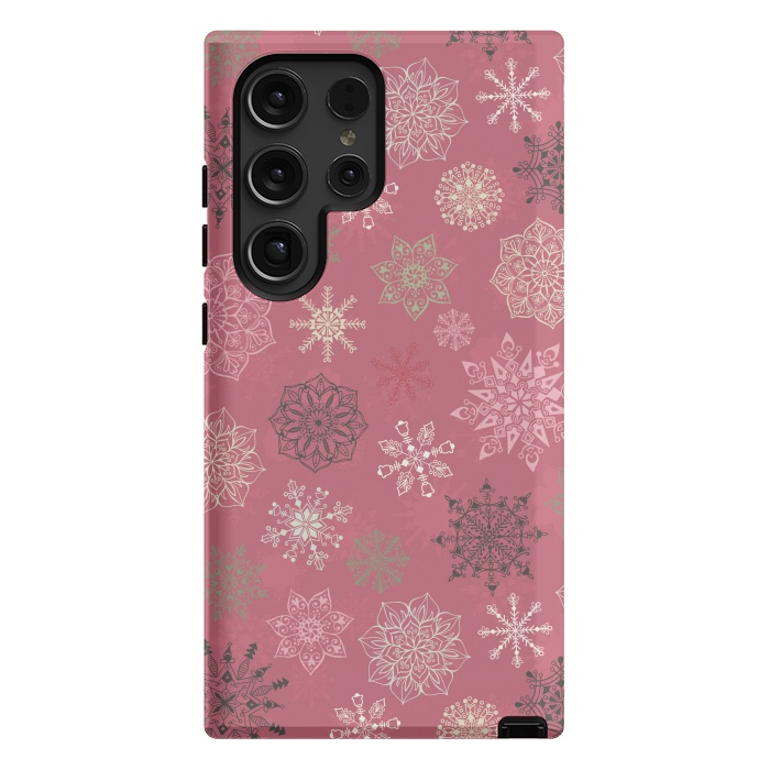 Galaxy S24 Ultra StrongFit Christmas Snowflakes on Pink by Paula Ohreen