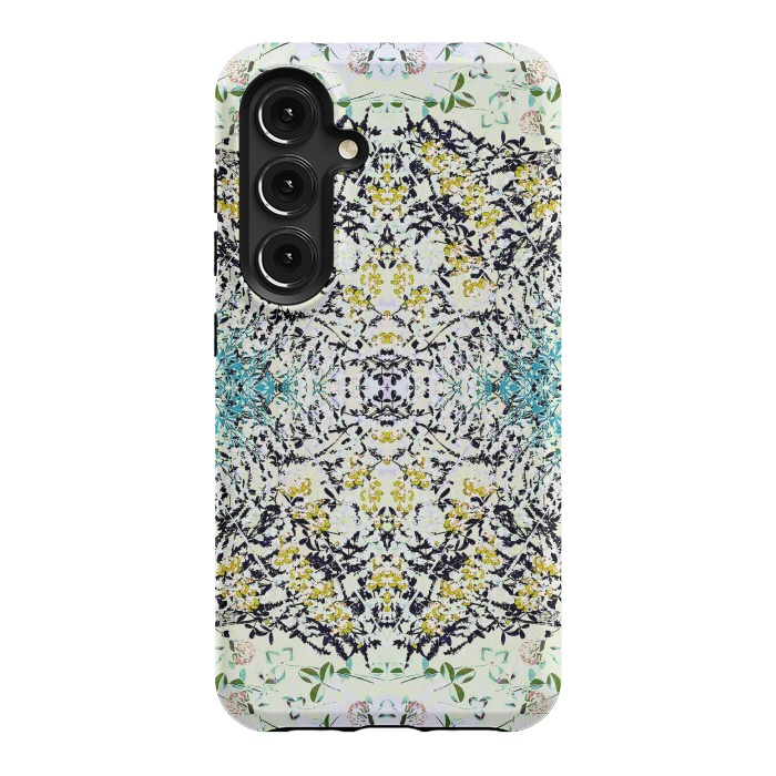Galaxy S24 StrongFit Yellow blue ditsy flowers and leaves pattern by Oana 