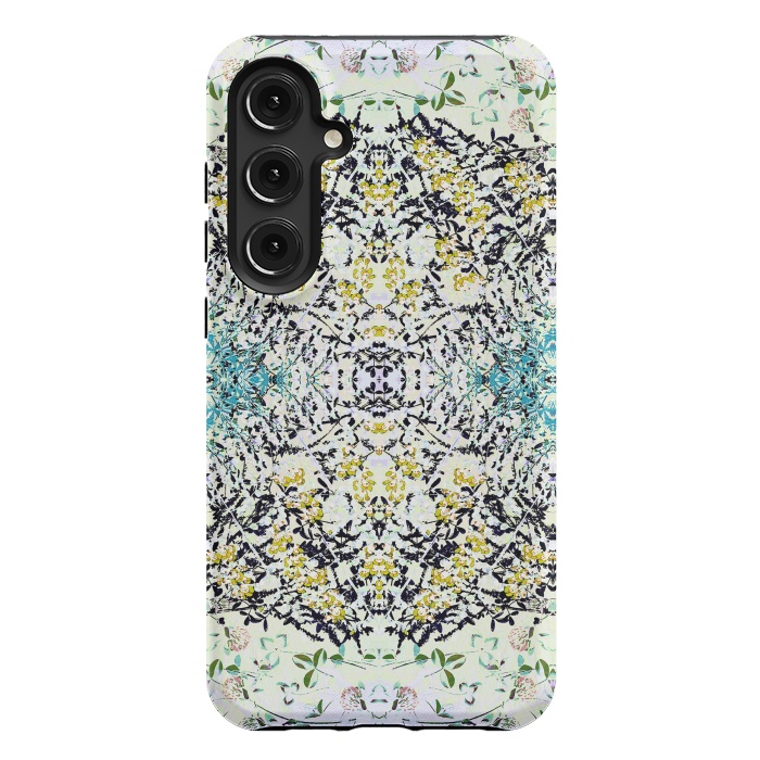 Galaxy S24 Plus StrongFit Yellow blue ditsy flowers and leaves pattern by Oana 