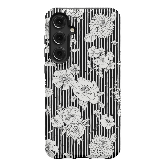 Galaxy S24 Plus StrongFit Flowers and Stripes Black and White by Ninola Design
