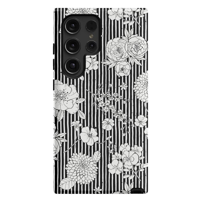 Galaxy S24 Ultra StrongFit Flowers and Stripes Black and White by Ninola Design