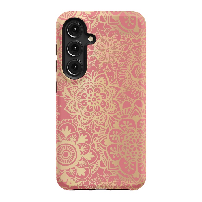 Galaxy S24 StrongFit Coral Pink and Gold Mandala Pattern by Julie Erin Designs