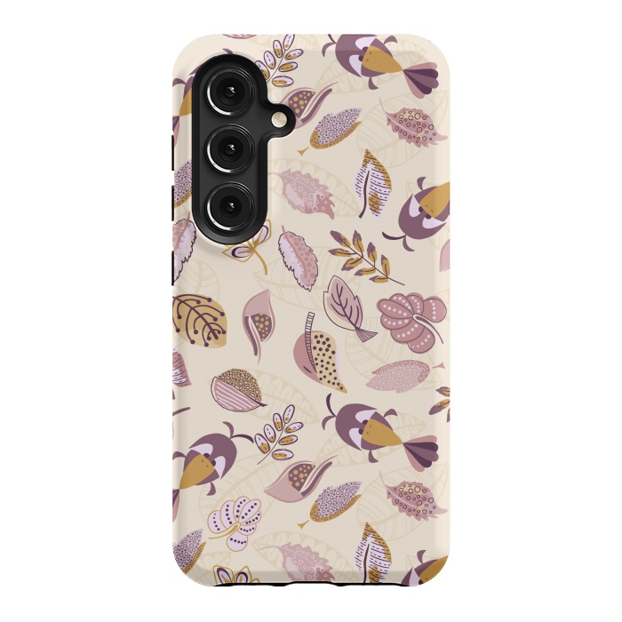Galaxy S24 StrongFit Cute parrots in a fun tossed pattern with funky leaves in purple and mustard by Paula Ohreen