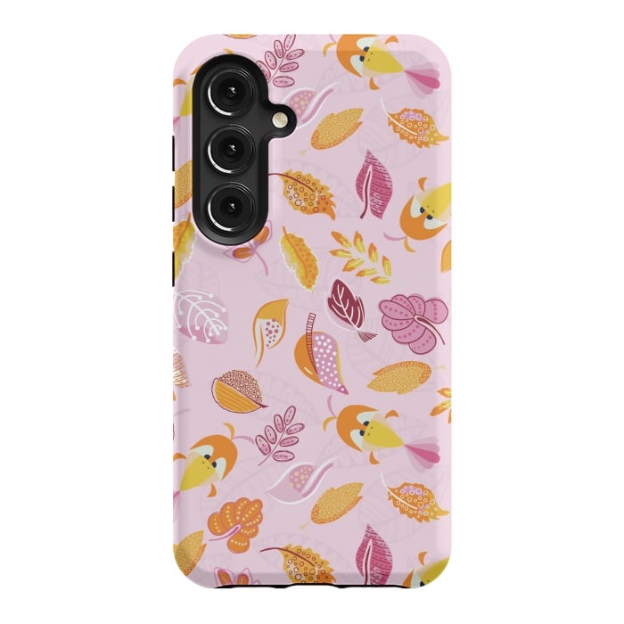 Galaxy S24 StrongFit Cute parrots in a fun tossed pattern with funky leaves in pink and orange by Paula Ohreen
