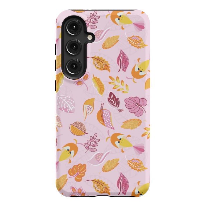 Galaxy S24 Plus StrongFit Cute parrots in a fun tossed pattern with funky leaves in pink and orange by Paula Ohreen