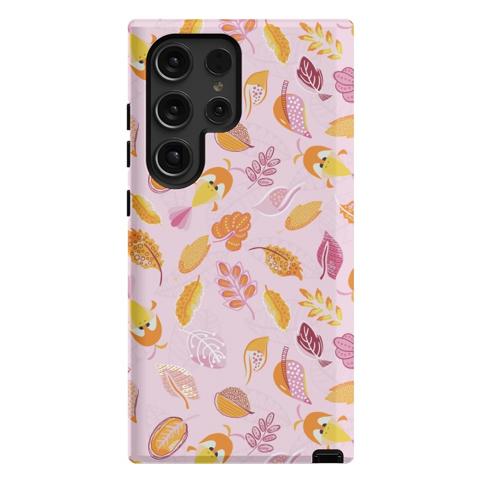 Galaxy S24 Ultra StrongFit Cute parrots in a fun tossed pattern with funky leaves in pink and orange by Paula Ohreen