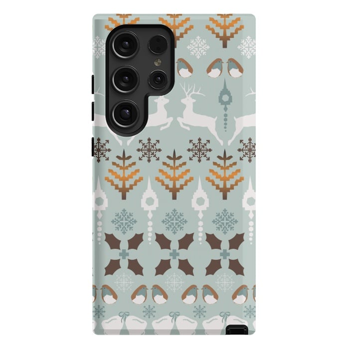 Galaxy S24 Ultra StrongFit Fair Isle Christmas in blue and brown by Paula Ohreen