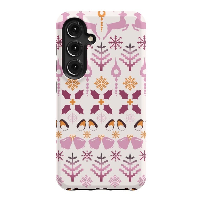 Galaxy S24 StrongFit Fair Isle Christmas in pink and orange by Paula Ohreen