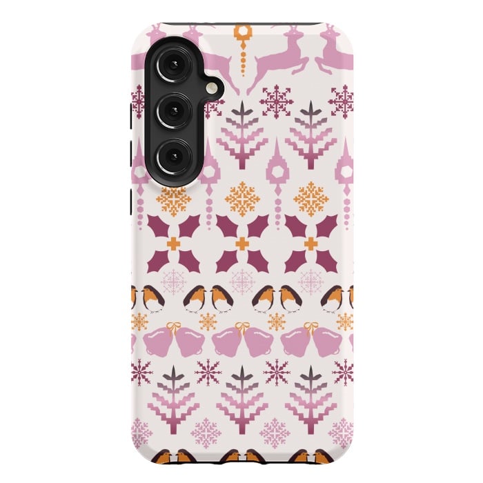 Galaxy S24 Plus StrongFit Fair Isle Christmas in pink and orange by Paula Ohreen