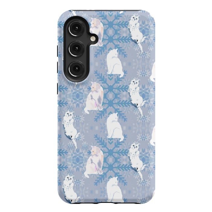 Galaxy S24 Plus StrongFit Cute white cats and blue Christmas snowflakes by Oana 