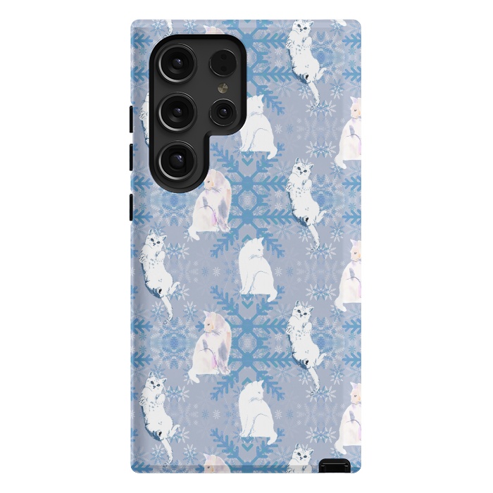 Galaxy S24 Ultra StrongFit Cute white cats and blue Christmas snowflakes by Oana 