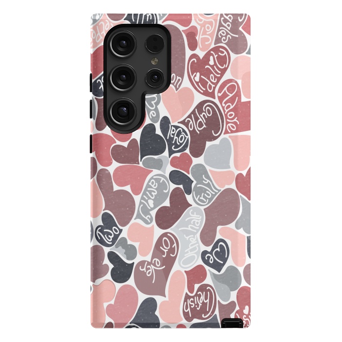 Galaxy S24 Ultra StrongFit Love hearts with loving words in pink and grey by Paula Ohreen