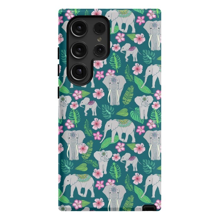 Galaxy S24 Ultra StrongFit Elephants of the Jungle on Green by Tangerine-Tane