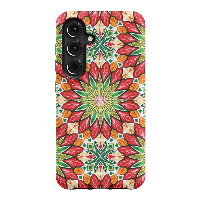 Galaxy S24 StrongFit ORANGE RED FLORAL GREEN PRINT by MALLIKA