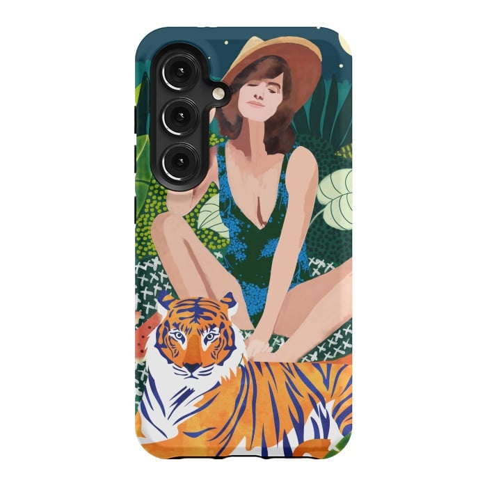 Galaxy S24 StrongFit Living In The Jungle, Tiger Tropical Picnic Illustration, Forest Woman Bohemian Travel Camp Wild by Uma Prabhakar Gokhale