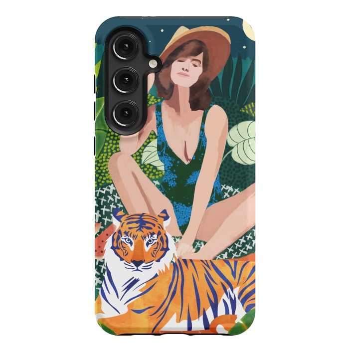 Galaxy S24 Plus StrongFit Living In The Jungle, Tiger Tropical Picnic Illustration, Forest Woman Bohemian Travel Camp Wild by Uma Prabhakar Gokhale