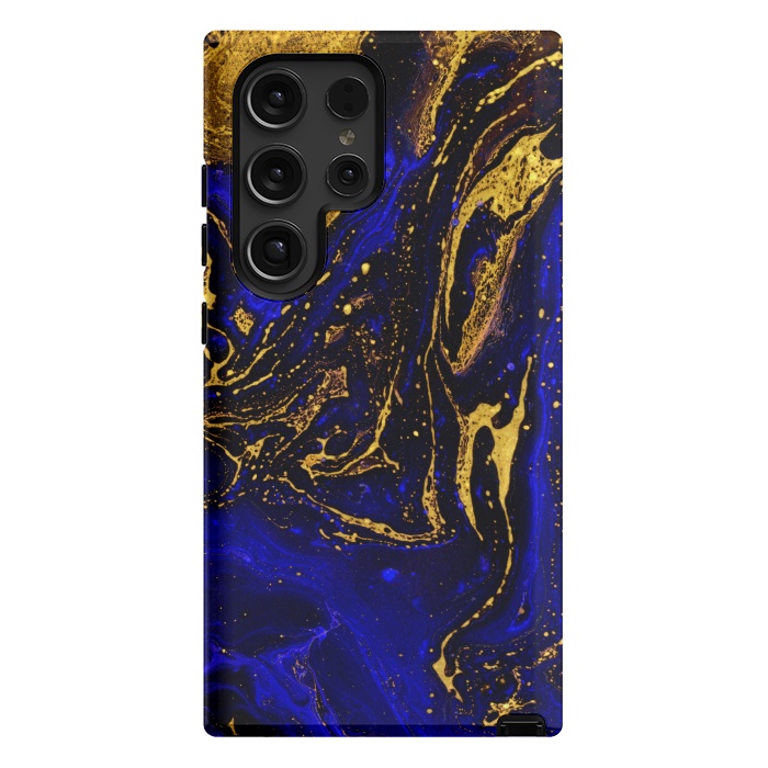 Galaxy S24 Ultra StrongFit Blue marble and abstract gold background texture with swirls by ArtsCase
