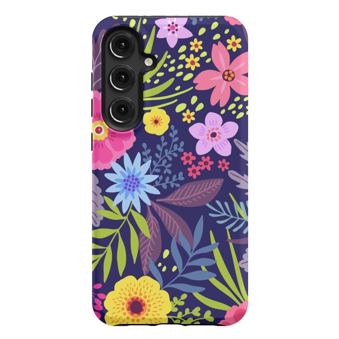 Galaxy S24 Plus StrongFit Amazing seamless floral pattern with bright colorful flowers and leaves on a dark blue background by ArtsCase