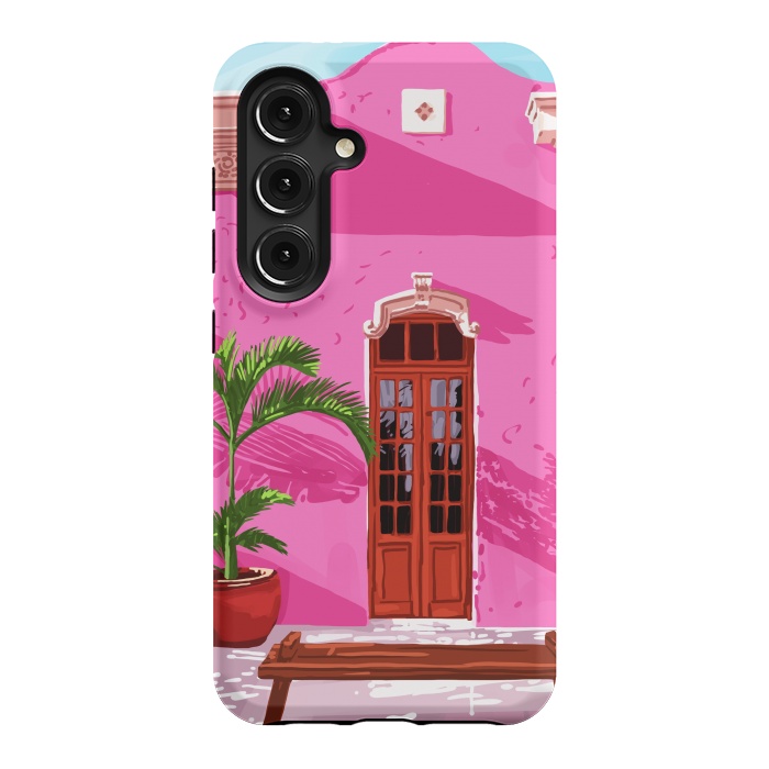 Galaxy S24 StrongFit Pink Building Architecture | Pop Art Travel House Painting | Modern Bohemian Décor Spain Palace by Uma Prabhakar Gokhale