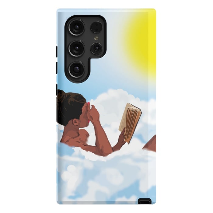 Galaxy S24 Ultra StrongFit Reading on Clouds, Black Woman Summer Sunny Day Book Painting, Bohemian Nude by Uma Prabhakar Gokhale