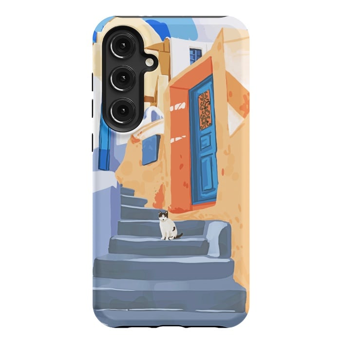 Galaxy S24 Plus StrongFit Cat in Greece, Architecture Tropical Exotic Travel Places City, Bohemian Beachy Santorini Painting by Uma Prabhakar Gokhale