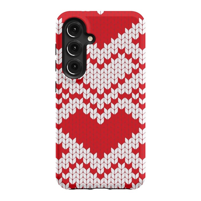 Galaxy S24 StrongFit Red white knitted heart pattern by haroulita