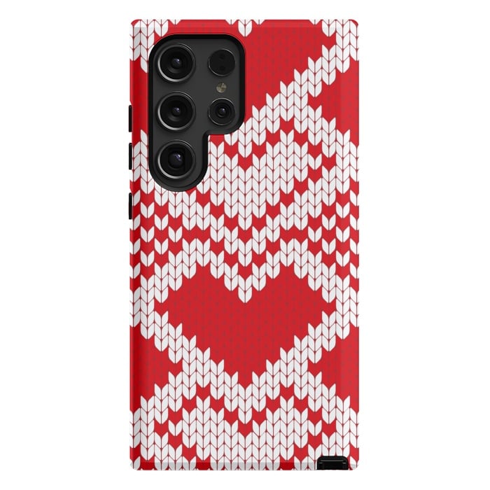Galaxy S24 Ultra StrongFit Red white knitted heart pattern by haroulita