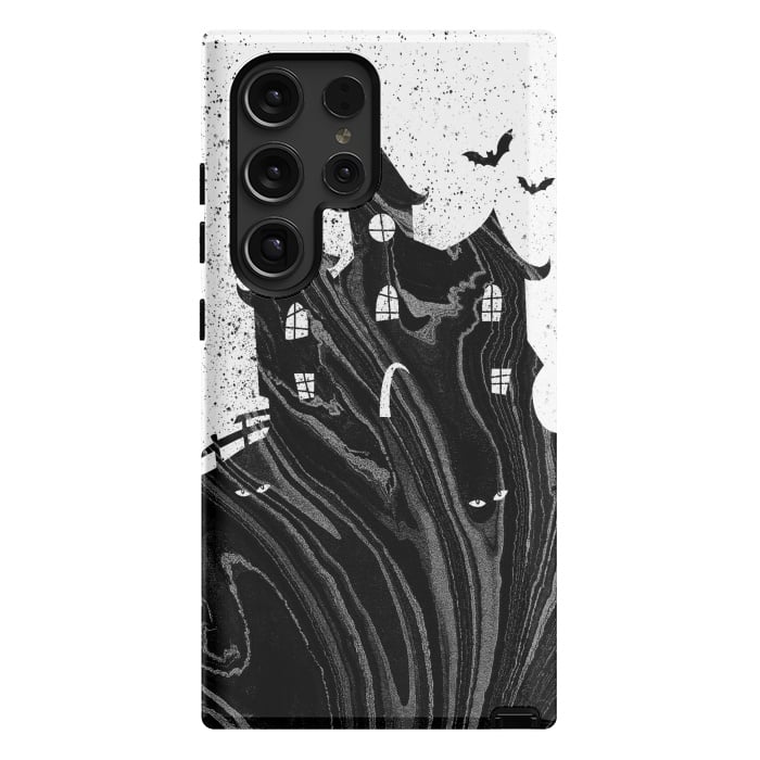 Galaxy S24 Ultra StrongFit Halloween haunted house - black and white splatter and brushstrokes by Oana 