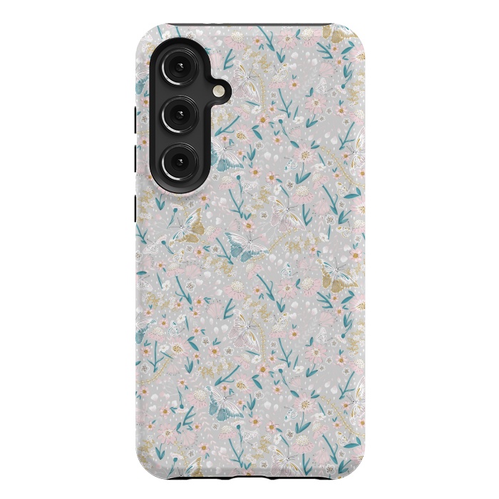 Galaxy S24 Plus StrongFit Delicate Daisies and Butterflies half-drop repeat pattern by Paula Ohreen