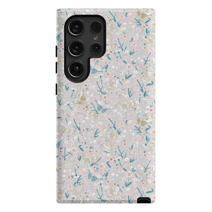 Galaxy S24 Ultra StrongFit Delicate Daisies and Butterflies half-drop repeat pattern by Paula Ohreen