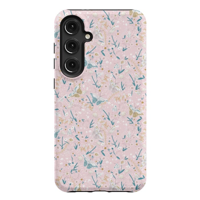 Galaxy S24 Plus StrongFit Delicate Daisies and Butterflies half-drop repeat pattern on Pink by Paula Ohreen