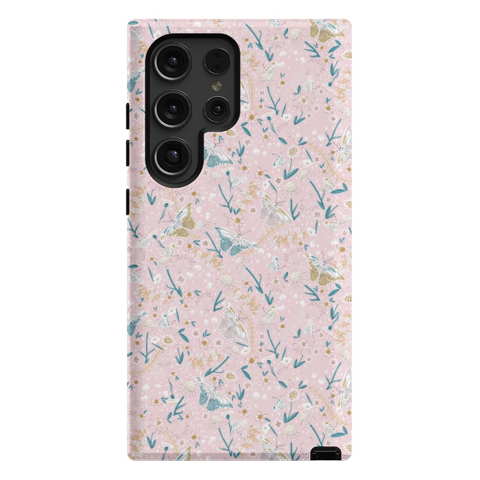 Galaxy S24 Ultra StrongFit Delicate Daisies and Butterflies half-drop repeat pattern on Pink by Paula Ohreen