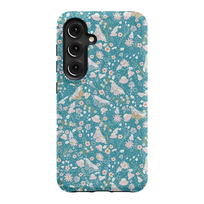 Galaxy S24 StrongFit Delicate Daisies and Butterflies half-drop repeat pattern on Blue by Paula Ohreen