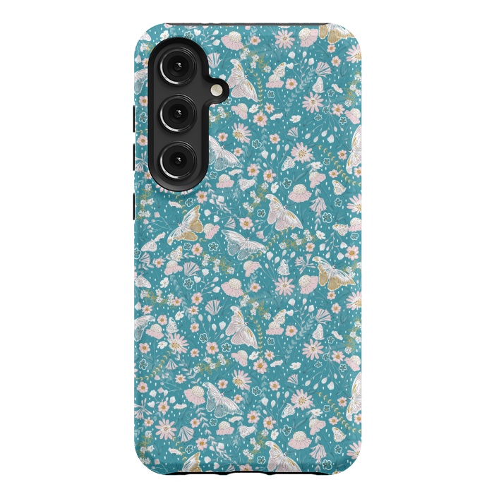 Galaxy S24 Plus StrongFit Delicate Daisies and Butterflies half-drop repeat pattern on Blue by Paula Ohreen