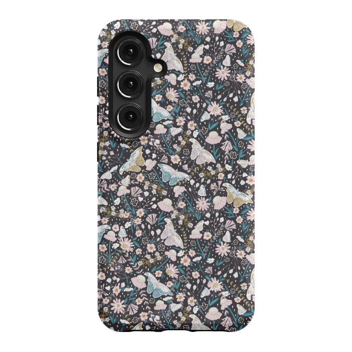 Galaxy S24 StrongFit Delicate Daisies and Butterflies half-drop repeat pattern on Black by Paula Ohreen