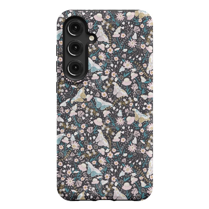 Galaxy S24 Plus StrongFit Delicate Daisies and Butterflies half-drop repeat pattern on Black by Paula Ohreen