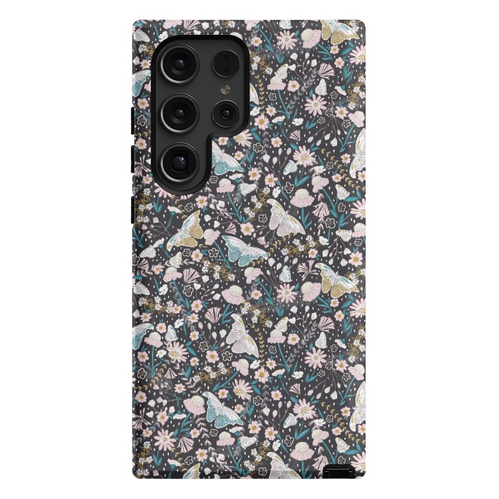Galaxy S24 Ultra StrongFit Delicate Daisies and Butterflies half-drop repeat pattern on Black by Paula Ohreen