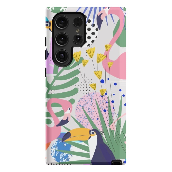 Galaxy S24 Ultra StrongFit Tropical Spring | Pastel Quirky Modern Bohemian Jungle Botanical | Flamingo Palm Cockatoo Birds by Uma Prabhakar Gokhale