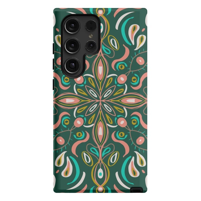 Galaxy S24 Ultra StrongFit Bold Boho Mandala in Green Coral and Gold by ECMazur 