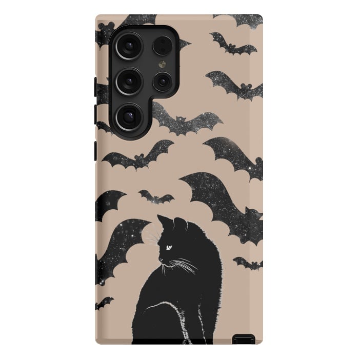 Galaxy S24 Ultra StrongFit Black cats and night sky bats - Halloween witchy illustration by Oana 