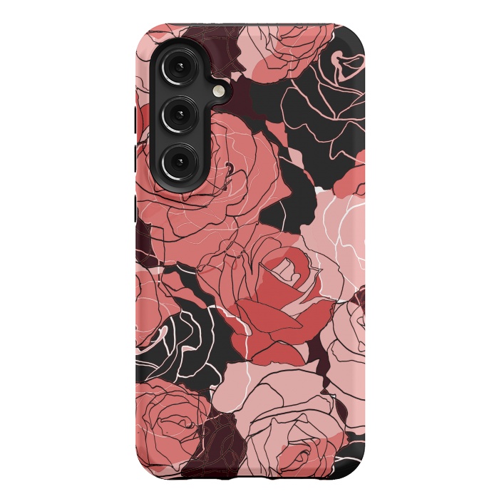 Galaxy S24 Plus StrongFit Red black roses - line art rose flowers pattern by Oana 