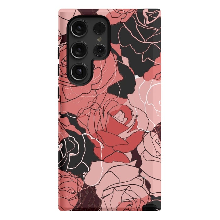 Galaxy S24 Ultra StrongFit Red black roses - line art rose flowers pattern by Oana 