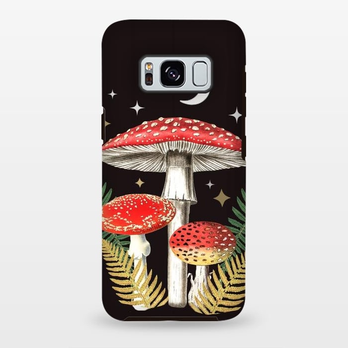 Galaxy S8 plus StrongFit Red mushrooms, stars and Moon - whimsical cottagecore forest illustration by Oana 
