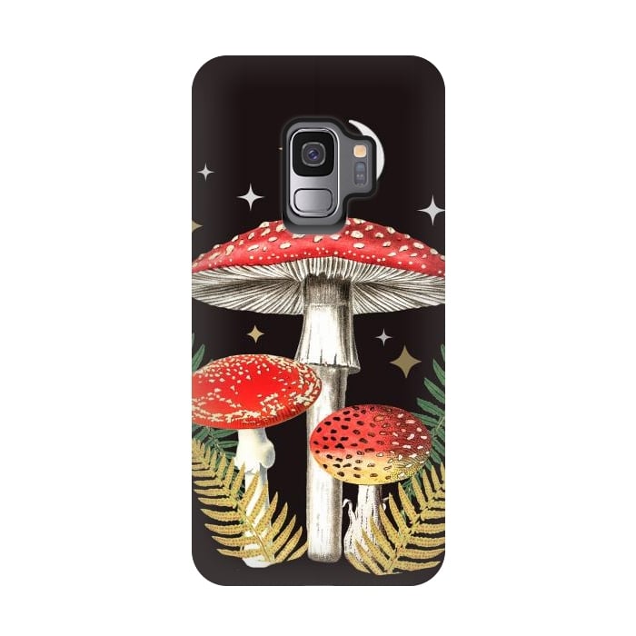 Galaxy S9 StrongFit Red mushrooms, stars and Moon - whimsical cottagecore forest illustration by Oana 