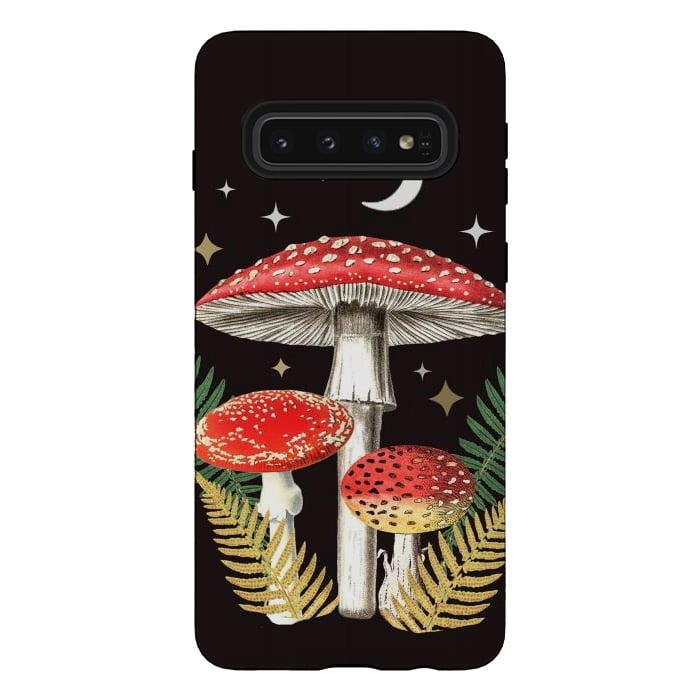 Galaxy S10 StrongFit Red mushrooms, stars and Moon - whimsical cottagecore forest illustration by Oana 