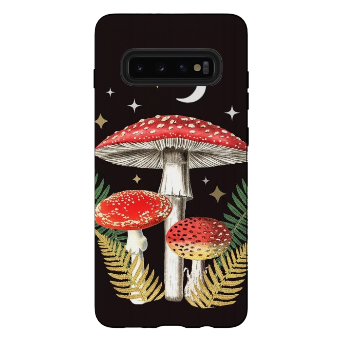 Galaxy S10 plus StrongFit Red mushrooms, stars and Moon - whimsical cottagecore forest illustration by Oana 