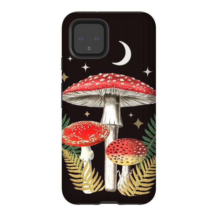 Pixel 4 StrongFit Red mushrooms, stars and Moon - whimsical cottagecore forest illustration by Oana 