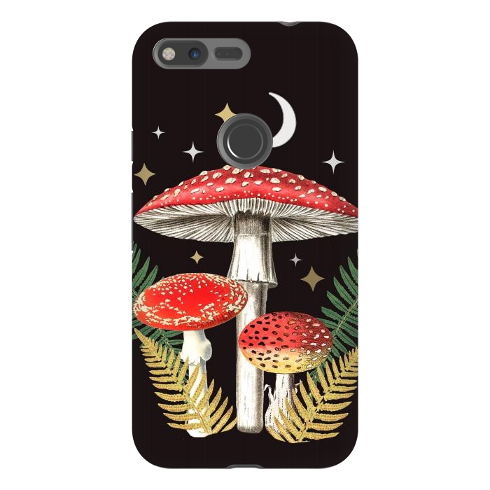Pixel XL StrongFit Red mushrooms, stars and Moon - whimsical cottagecore forest illustration by Oana 