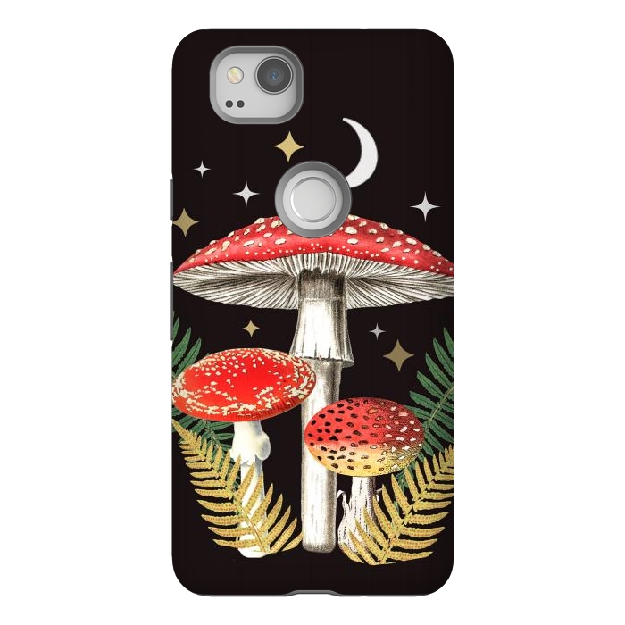 Pixel 2 StrongFit Red mushrooms, stars and Moon - whimsical cottagecore forest illustration by Oana 