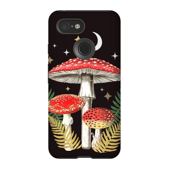 Pixel 3 StrongFit Red mushrooms, stars and Moon - whimsical cottagecore forest illustration by Oana 